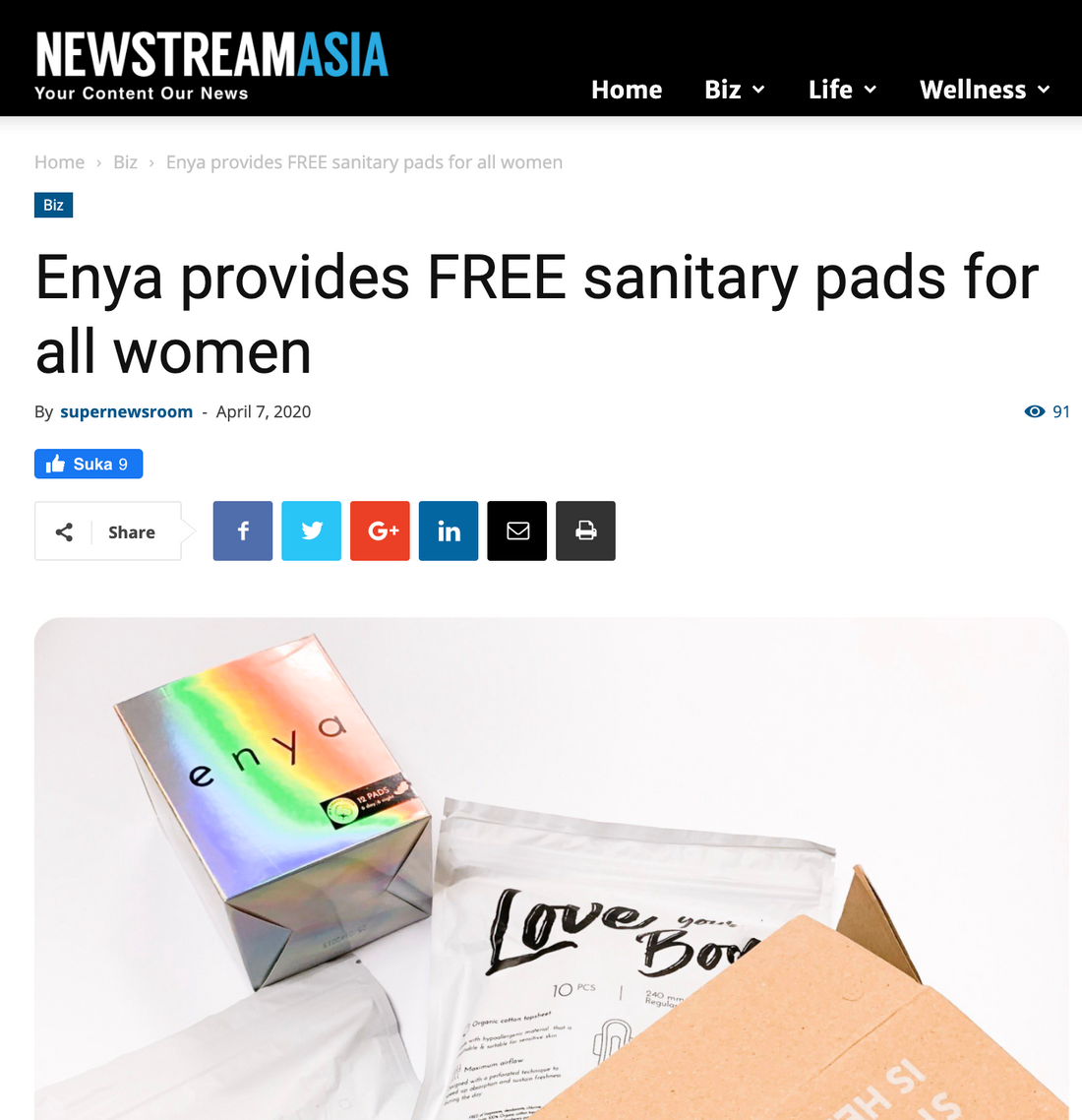 NEWSTREAMASIA :  ENYA PROVIDES FREE SANITARY PADS FOR ALL WOMEN