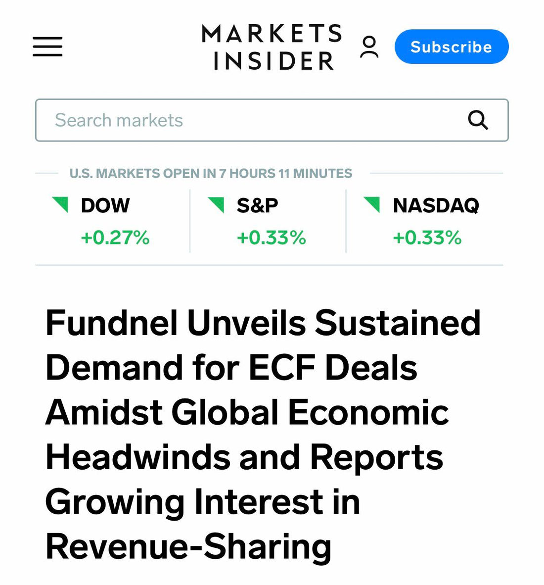 Markets Insider:  Fundnel Unveils Sustained Demand for ECF Deals Amidst Global Economic Headwinds and Reports Growing Interest in Revenue-Sharing